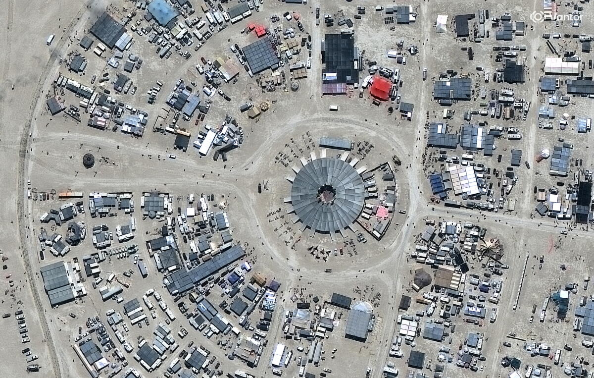 A satellite image showing the Burning Man festival site in Black Rock City, Nevada