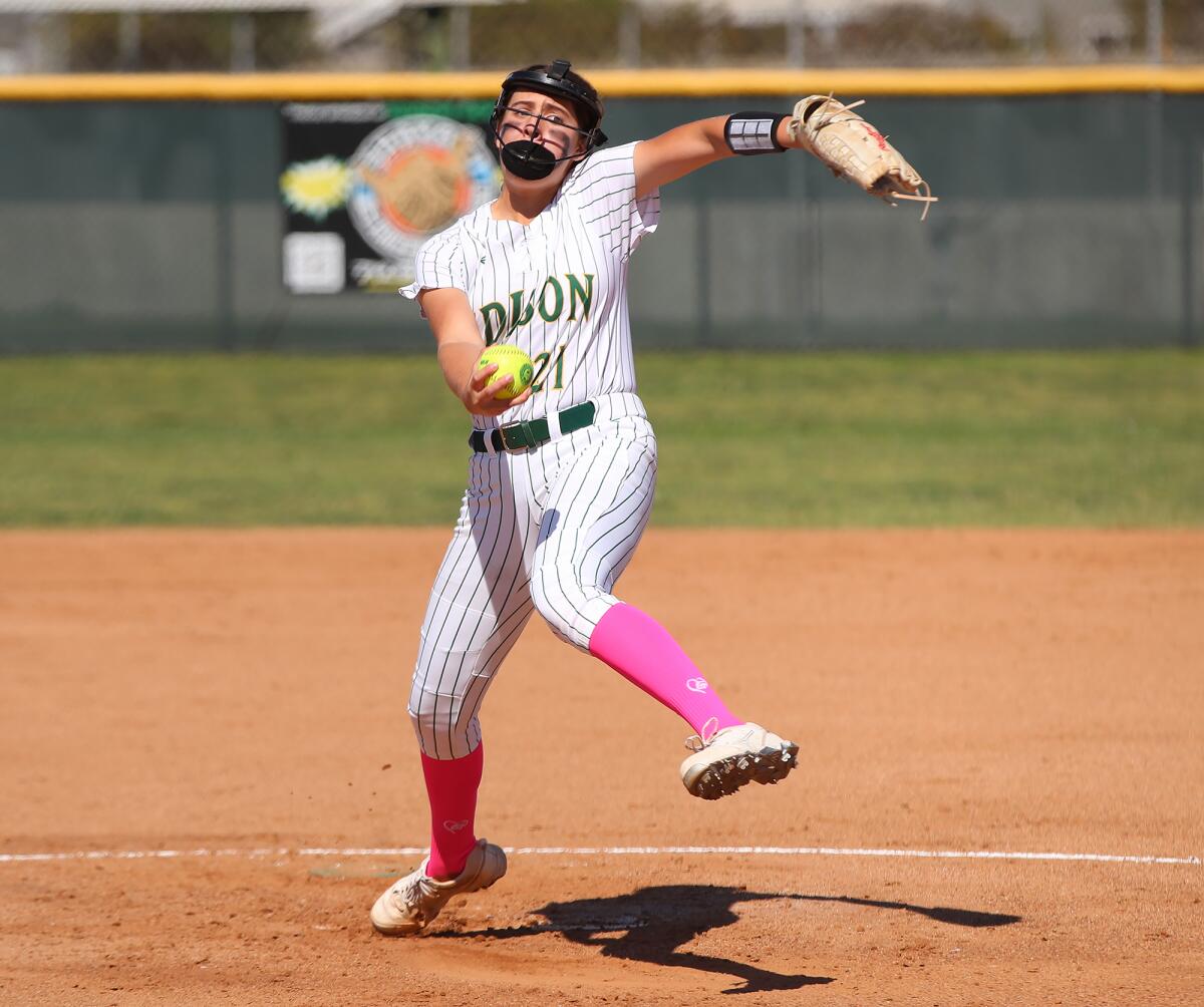 Edison's Elina Garcia (21) winds up to pitch against Fountain Valley on Tuesday.