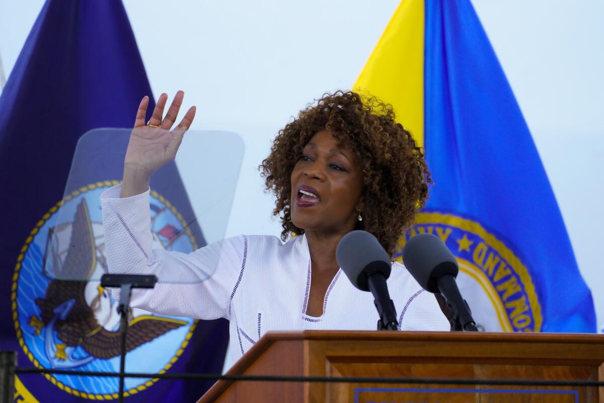Alfre Woodard Spencer addresses guests before officially christening the Navy oiler John Lewis.