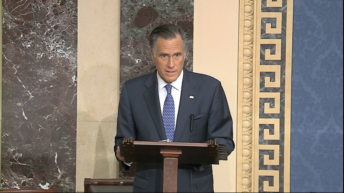 Sen. Mitt Romney addresses the Senate on Wednesday.
