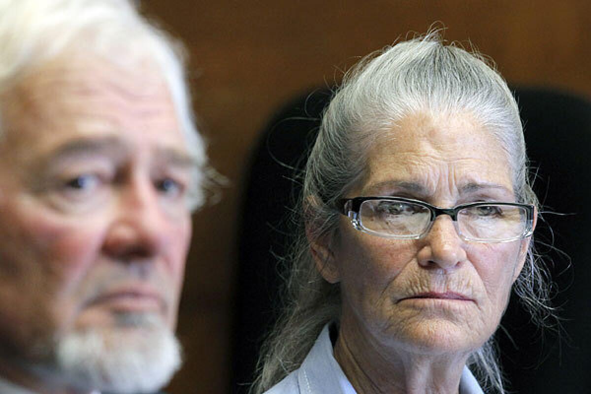 Leslie Van Houten at her parole hearing Wednesday with her attorney, Michael Satris.