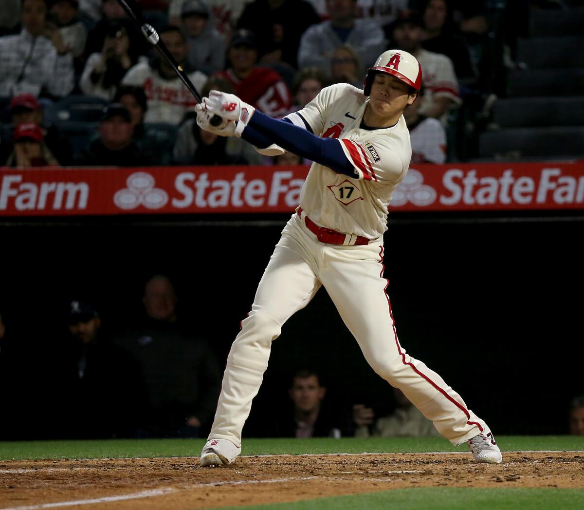 The Angels' Shohei Ohtani strikes out against the Houston Astros in the ninth inning at Angels Stadium.