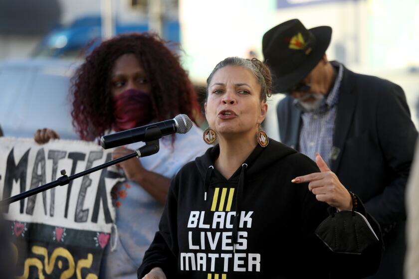 LOS ANGELES, CA - FEBRUARY 01: Melina Abdullah, co-founder of Black Lives Matter Los Angeles, along with other organizations hold a press conference to oppose Mayor Karen Bass' decision to re-appoint Los Angeles Police Department (LAPD) Chief Michel Moore, at the American Civil Liberties Union (ACLU) of Southern California office in DTLA on Wednesday, Feb. 1, 2023 in Los Angeles, CA. (Gary Coronado / Los Angeles Times)
