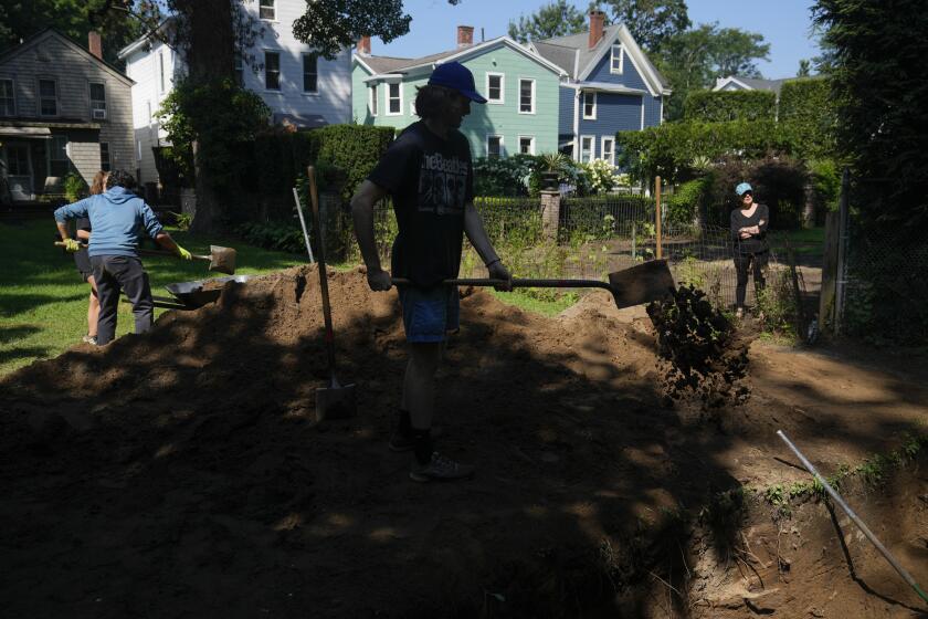 Students working at the site of an African burial ground, backfilling a hole they had dug, in Kingston, N.Y., Monday, Aug. 5, 2024. (AP Photo/Seth Wenig)