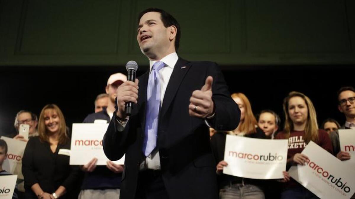 Marco Rubio campaigns in Exeter, N.H., on Tuesday, one day after finishing third in the Iowa caucuses.