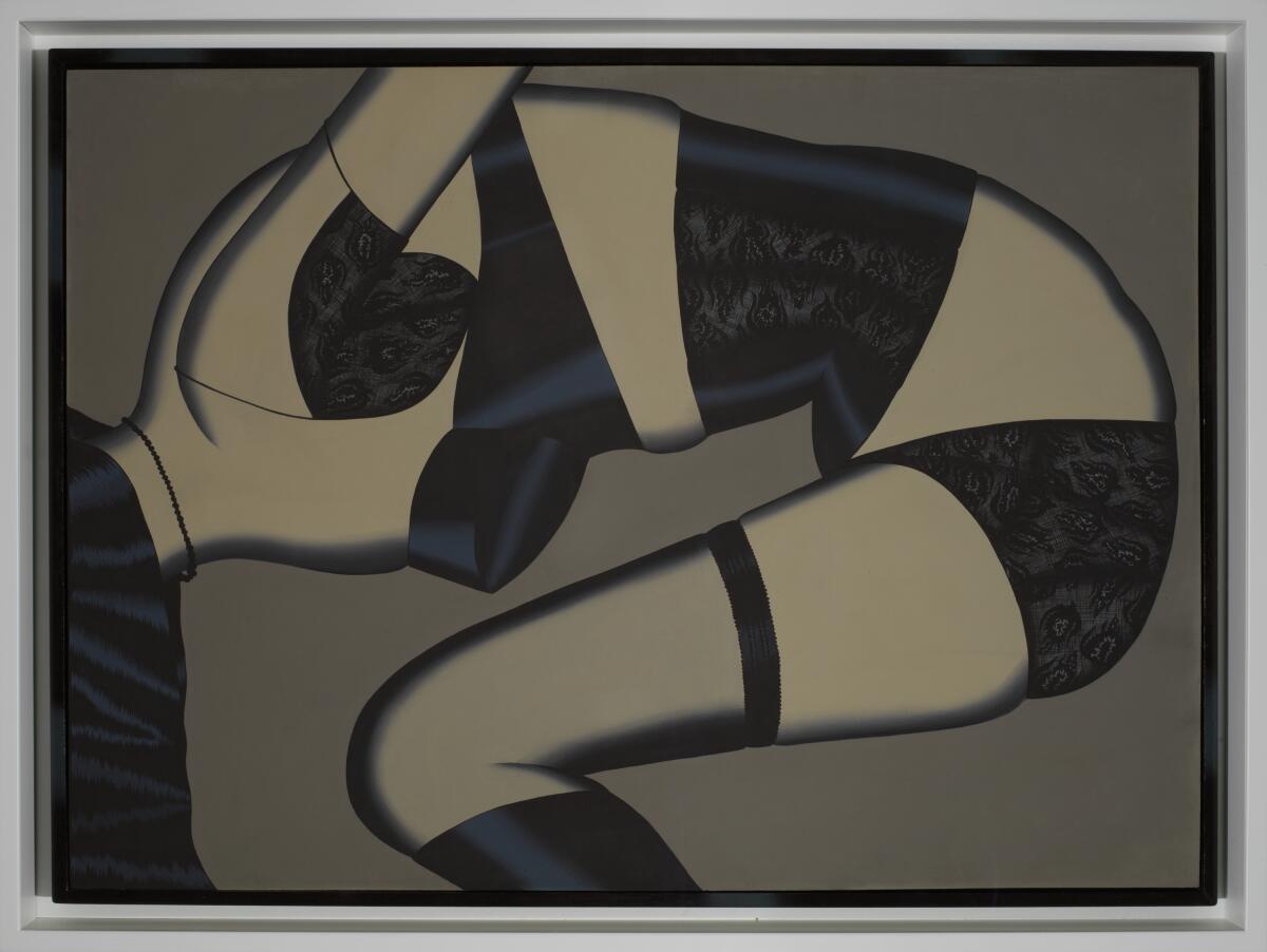 A black and gray painting of a woman in underwear bending at the waist, her head cut off by the frame