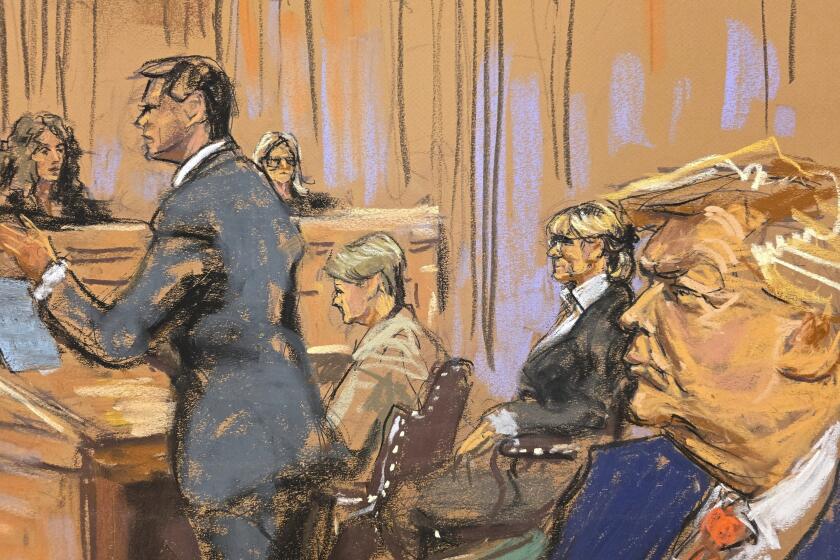 Attorney John Sauer, left, presents arguments for former President Donald Trump, right, as E. Jean Carroll, second from right, looks on in Manhattan federal court, Friday, Sept. 6, 2024, in New York. (Jane Rosenberg via AP)