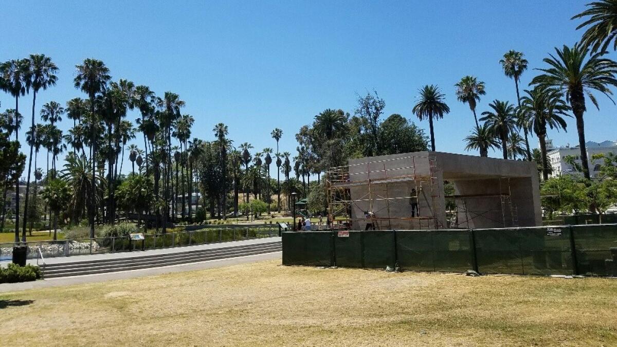 Teresa Margolles' monumental sculpture, "The Shade," under construction at Echo Park Lake