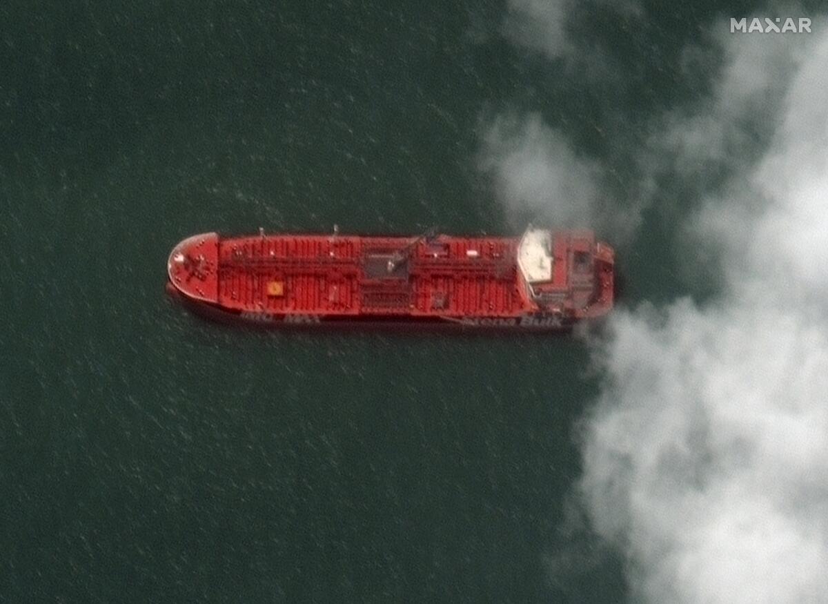 A close-up of the British-flagged oil tanker Stena Impero at the Iranian port city of Bandar Abbas.