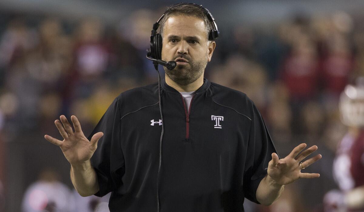 Matt Rhule reacts during the first half of a game between Temple and Connecticut on Nov. 28. Rhule is the new coach at Baylor.