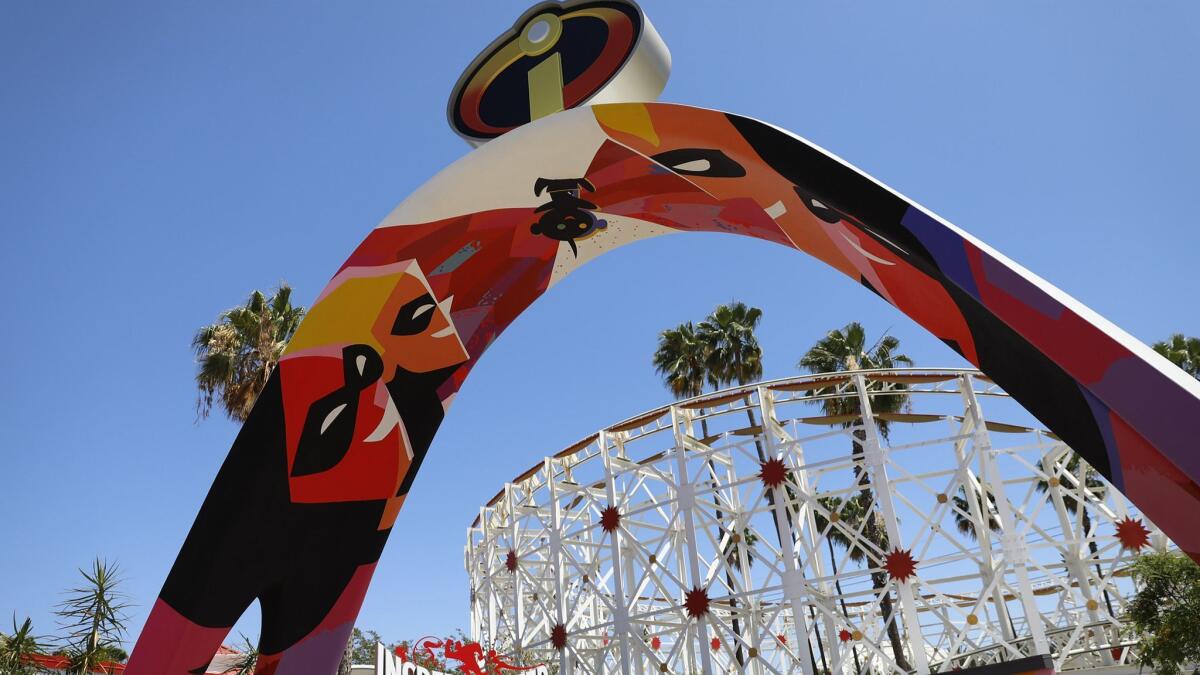 A view of the Incredicoaster at Pixar Pier at Disney California Adventure.