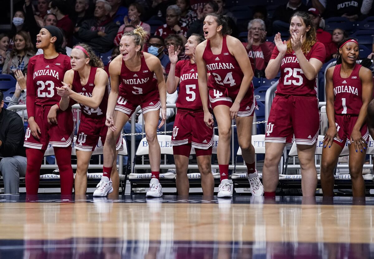Indiana players yell from the sidelines during an NCAA college basketball game against Butler Wednesday, Nov. 10, 2021 in Indianapolis. (Grace Hollars/The Indianapolis Star via AP)