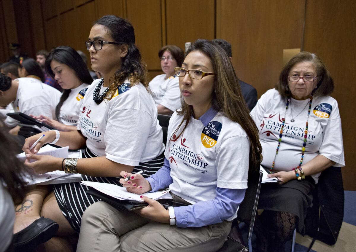 Citizenship advocates in the audience listen as the Senate Judiciary Committee meets in a markup session to examine proposed changes to immigration reform legislation, on Capitol Hill in Washington.