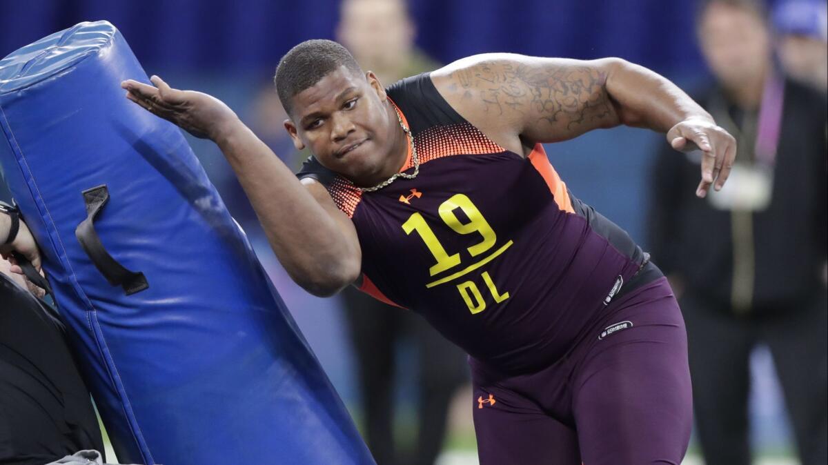 Alabama defensive lineman Quinnen Williams runs a drill at the NFL Scouting Combine in March.