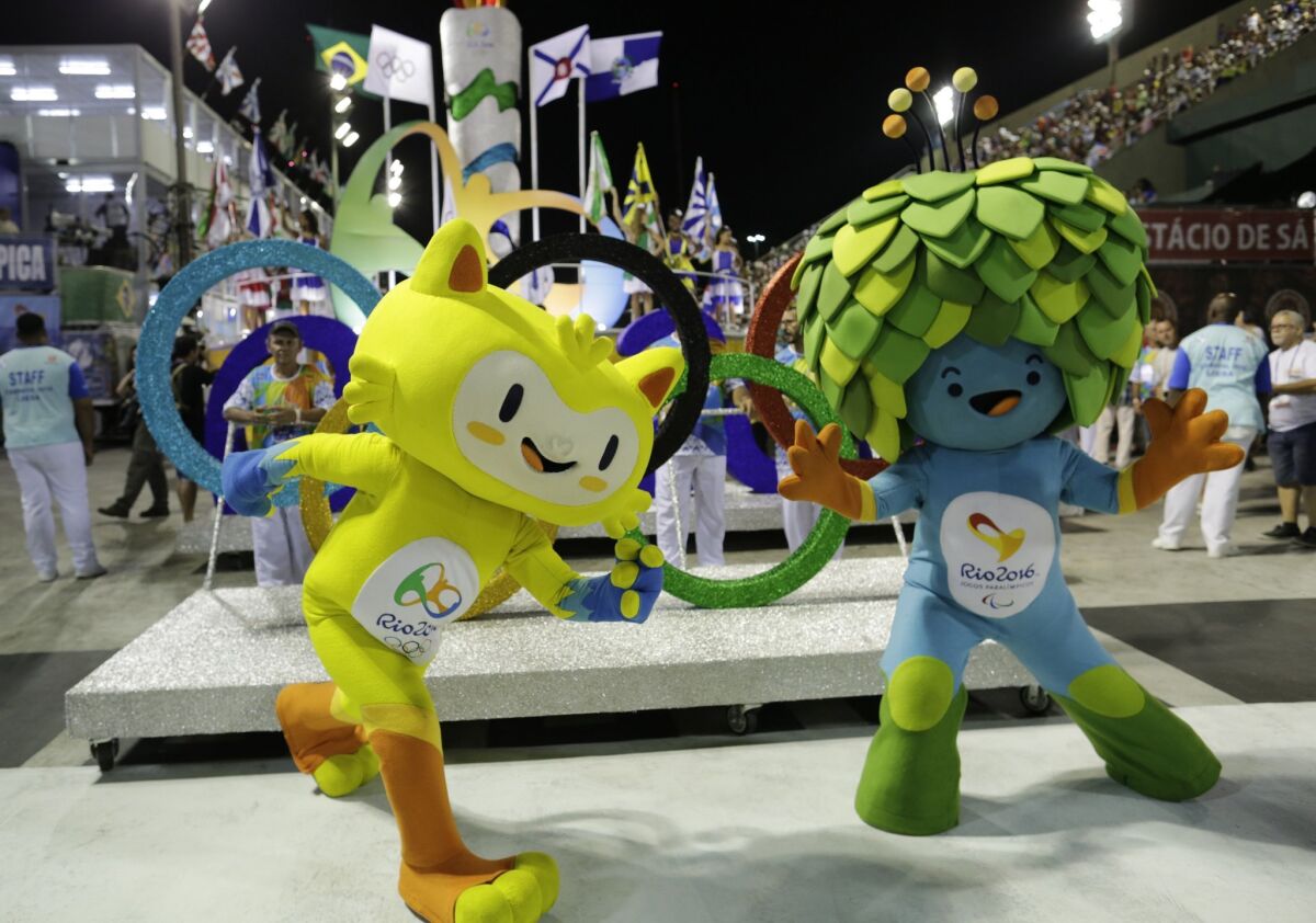 The Rio 2016 Olympic mascots parade during Carnival celebrations at the Sambadrome in Rio de Janeiro on Feb. 7, 2016.