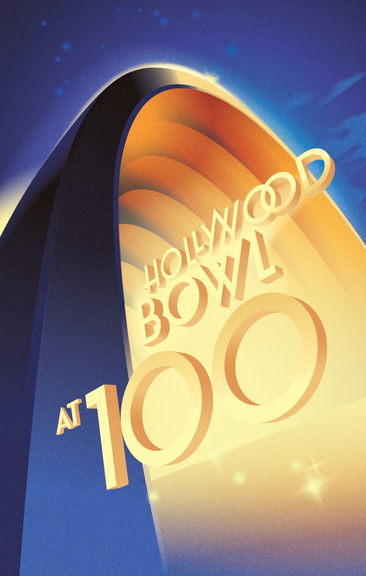 A vertical illustration in the shape of the shell of the Hollywood Bowl. The text reads "Hollywood Bowl at 100."