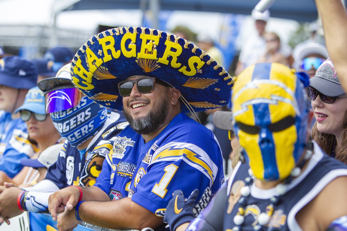 Jorge Santiesteban wears a Chargers sombrero during the first day of training camp on Thursday at Jack R. Hammett Sports Complex in Costa Mesa.