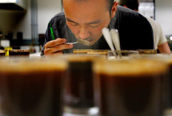 At the Coffee Quality Institute in Long Beach, coffee professonals from around the world are tested to obtain the "Q grader" certification. Here, Seu Pil Hoon, 32, of South Korea, participates in the sensory testing. Worldwide, there are 395 Q graders, 11 of them in Los Angeles.