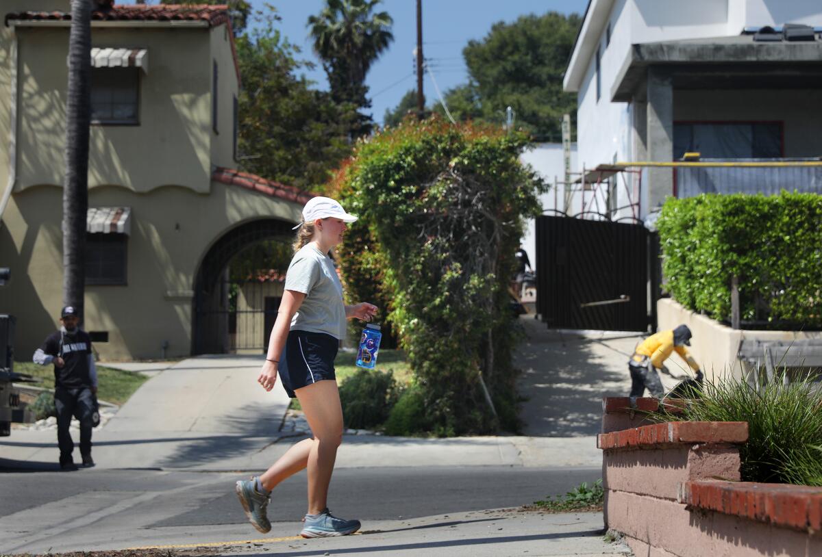 A pedestrian walks along Highland Park's Range View Avenue.