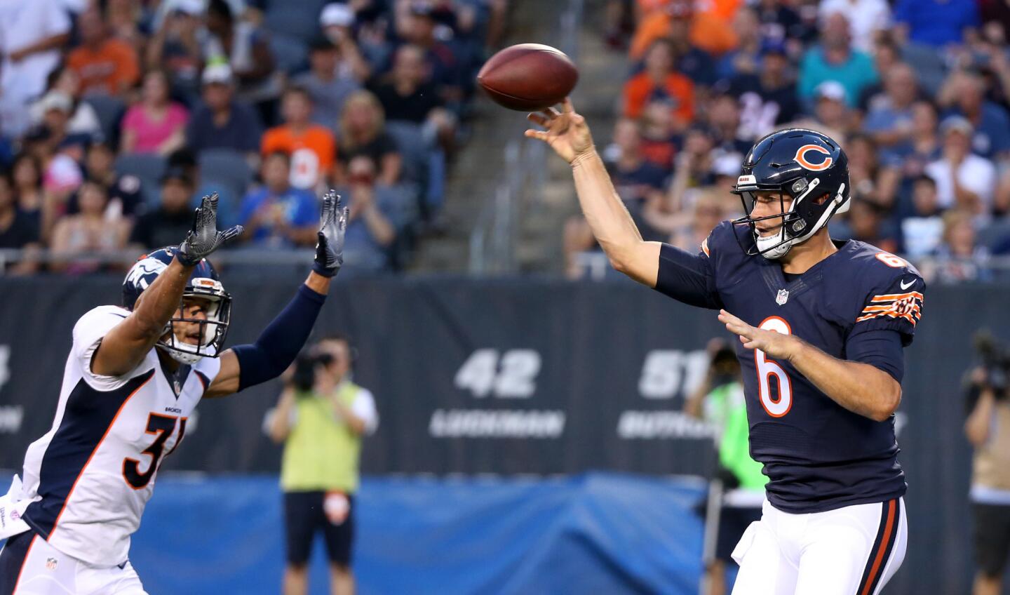 Bears quarterback Jay Cutler throws a pass in the first quarter of a preseason game against the Broncos at Soldier Field on August 11, 2016.
