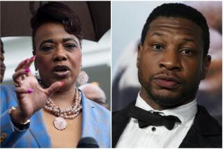Split: left, Bernice King wears a blue and brown plaid blazer with a pearl and bronze necklace; right, Jonathan Majors wears