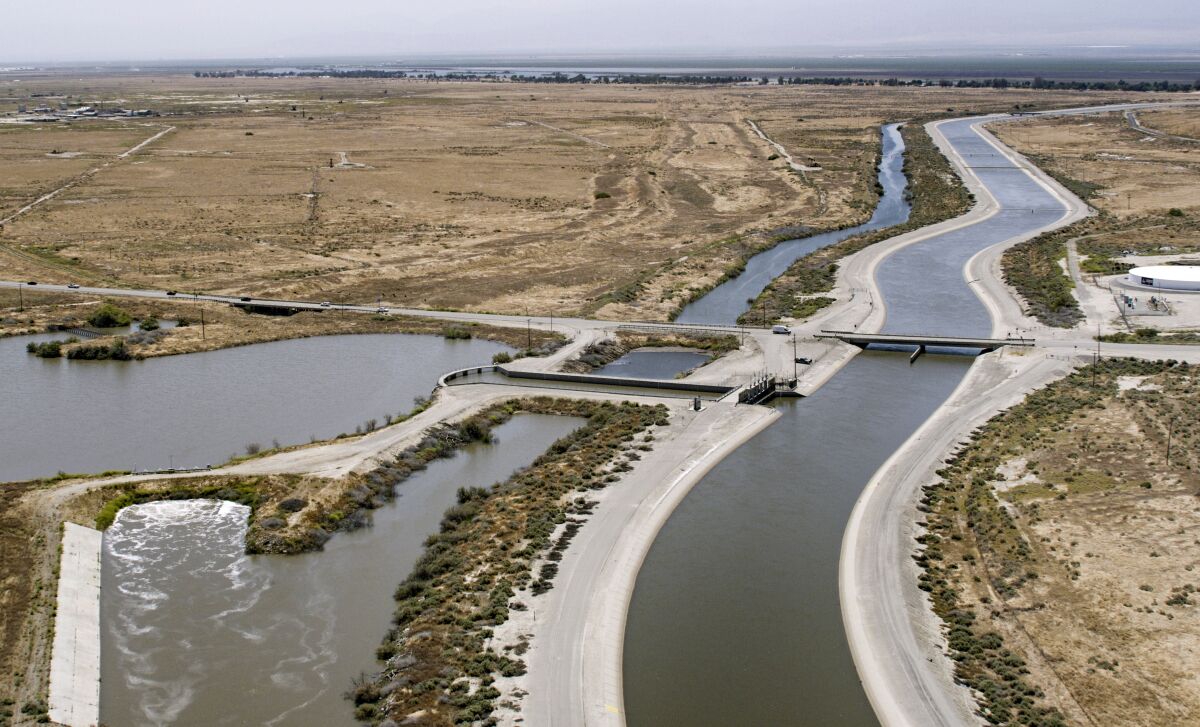 An aerial view of the intersection of the Kern River Intertie and the California Aqueduct in Kern County. 