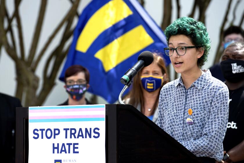 IMAGE DISTRIBUTED FOR HUMAN RIGHTS CAMPAIGN - Elijah Baay, a transgender young person in Alabama, speaks on Tuesday, March 30, 2021 at the #LoveALTransYouth Press Conference in Montgomery, Ala. (Andrea Mabry/AP Images for Human Rights Campaign)