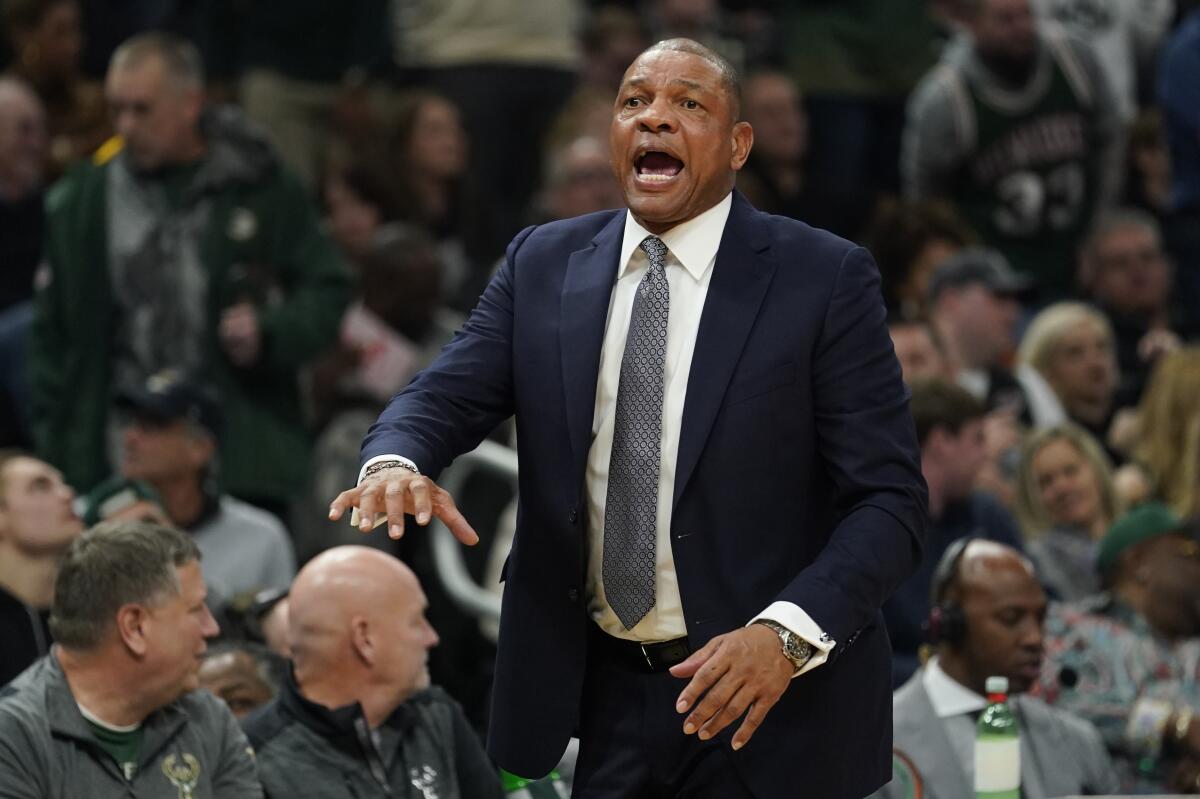 Clippers coach Doc Rivers reacts to a call during his team's 119-91 loss to the Bucks on Dec. 6, 2019.