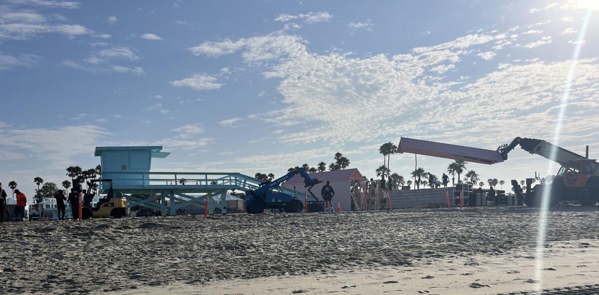 Filming activity is seen from a distance at Rosie's Dog Beach, which was transformed for the Olympics.