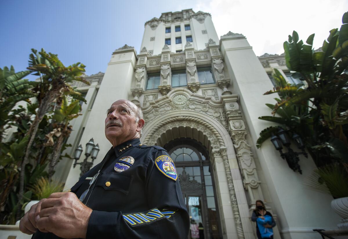Beverly Hills Police Chief Dominick Rivetti stands outside of Beverly Hills City Hall. 