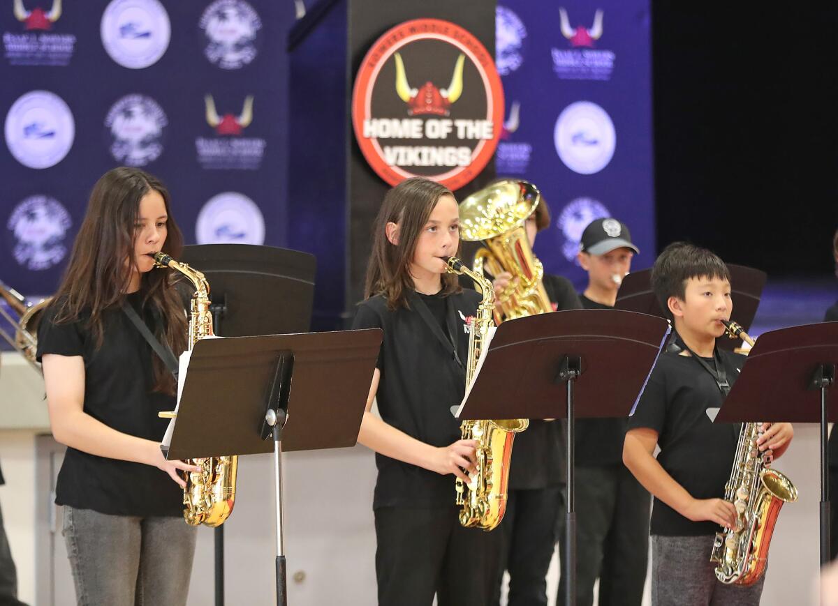 The Sowers Middle School band performs in Huntington Beach on Wednesday.