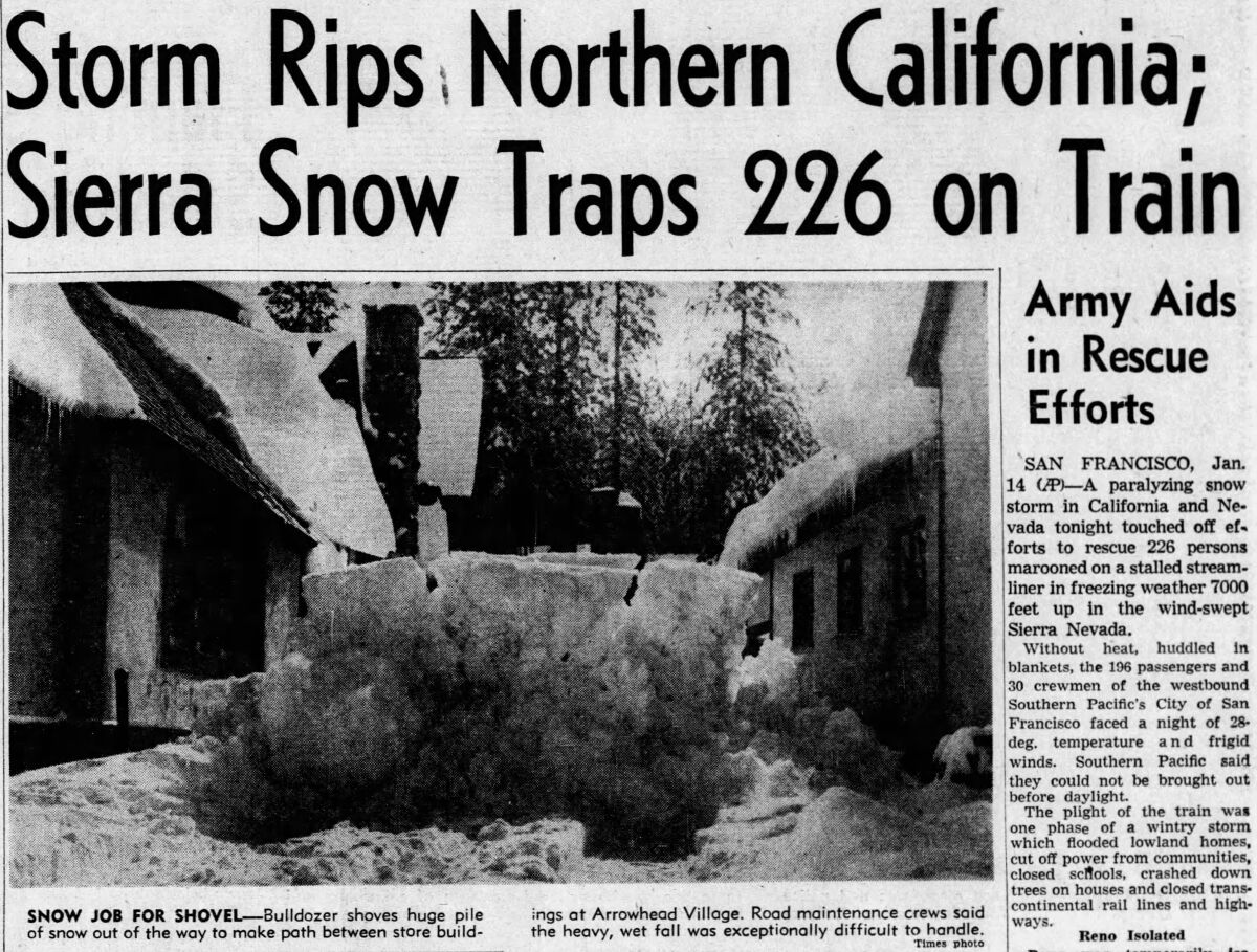 Headline reads: Storm rips Northern California; Sierra snow traps 226 on train