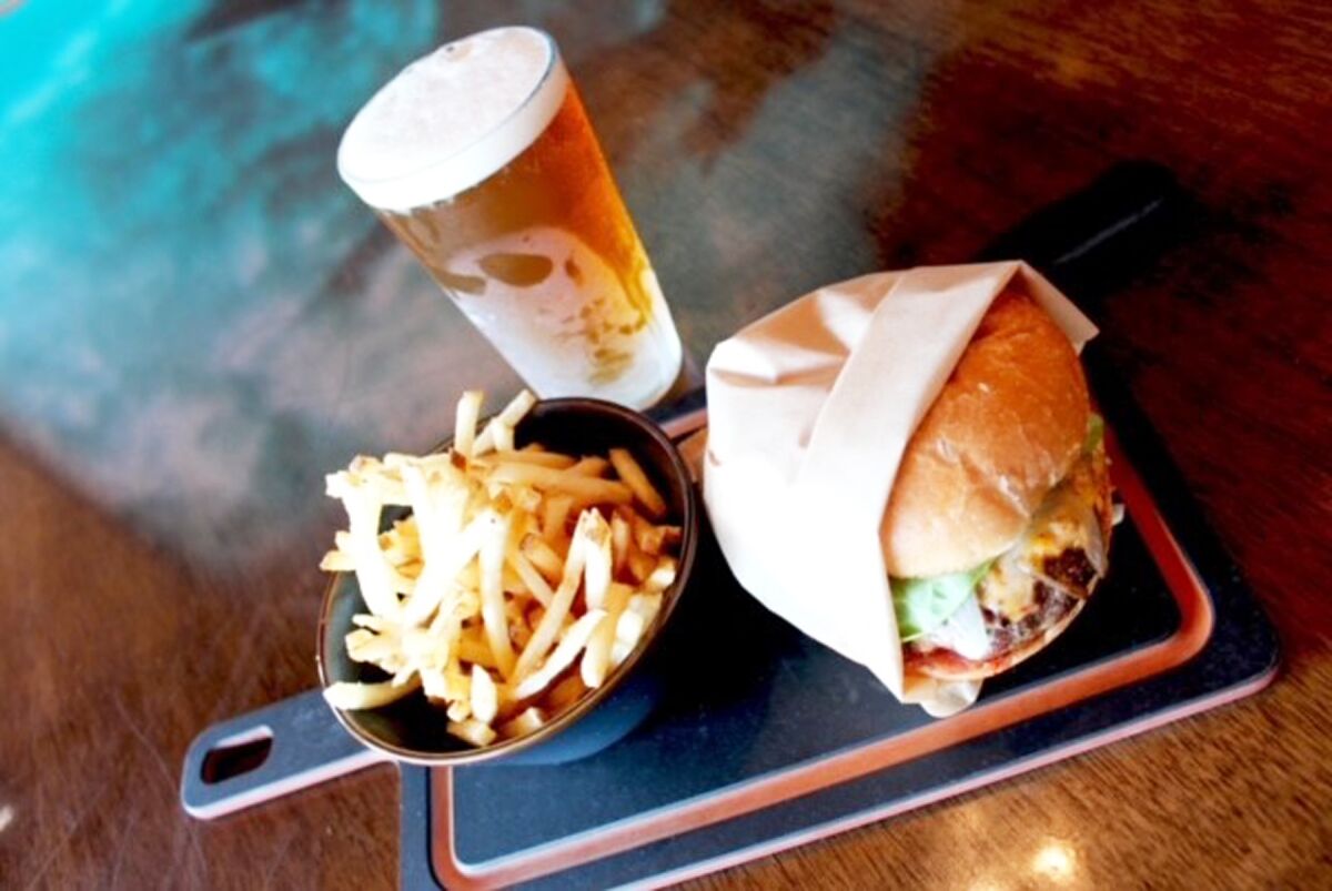 A burger and fries at The Duck Dive.