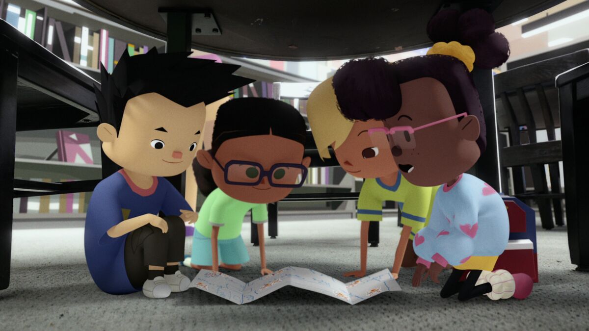 Four animated children crouch under a table, looking at a map.