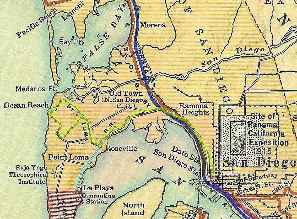 A railroad map from 1915 shows the route of the Point Loma Railroad's Ocean Beach Loop. 
