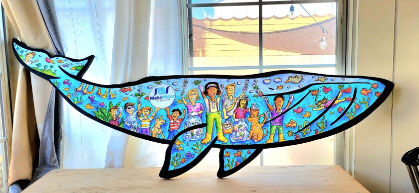 "Įsikūręs, pakeisk vandenyną," Kosta Mesos menininko Bonnie Matthews sukurtas Stella banginis.