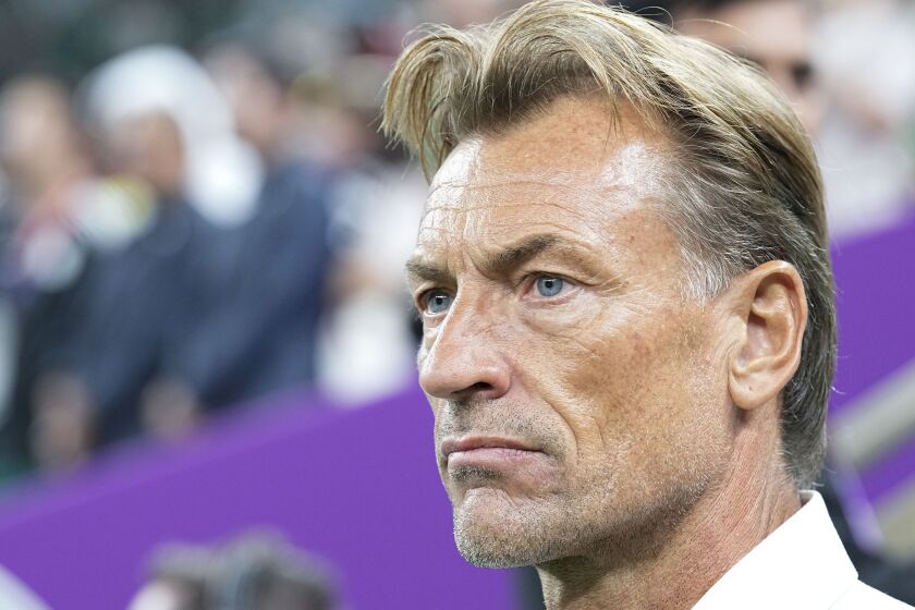 FILE - Saudi Arabia's head coach Herve Renard looks on before their World Cup group C soccer match against Mexico, at the Lusail Stadium in Lusail, Qatar, Nov. 30, 2022. Renard has been appointed to guide France’s women’s team at the World Cup this summer then at the Paris Olympics next year. The French federation said on Thursday, March 30, 2023 the 54-year-old Renard signed a contract that runs until August 2024. (AP Photo/Ebrahim Noroozi, file)