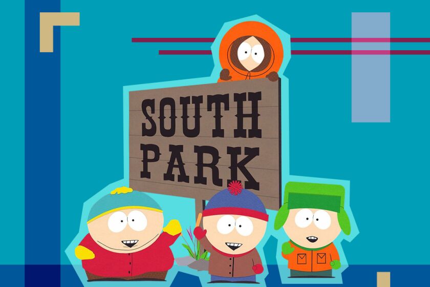 Four cartoon children stand around a South Park sign.