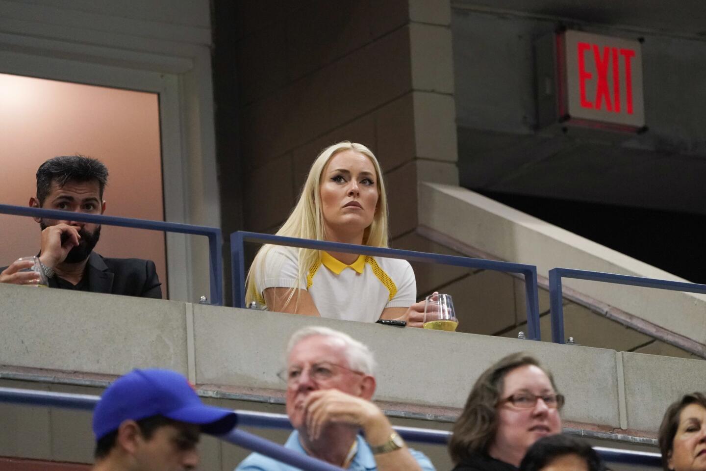 Lindsey Vonn watches the match between Daniil Medvedev of Russia and rigor Dimitrov of Bulgaria during their Singles Men's Semi-finals match at the 2019 US Open on Sept. 6, 2019.