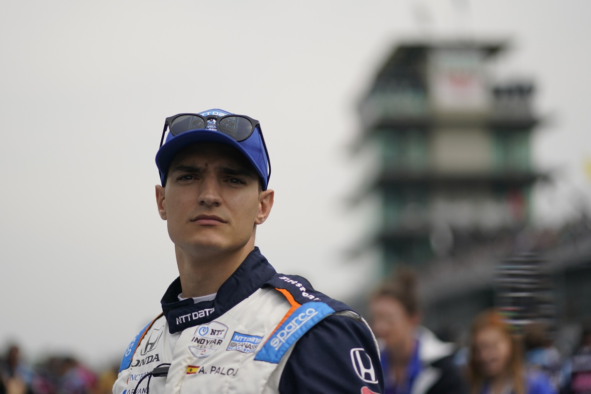 IndyCar Series defender Alex Palou watches the track during training.