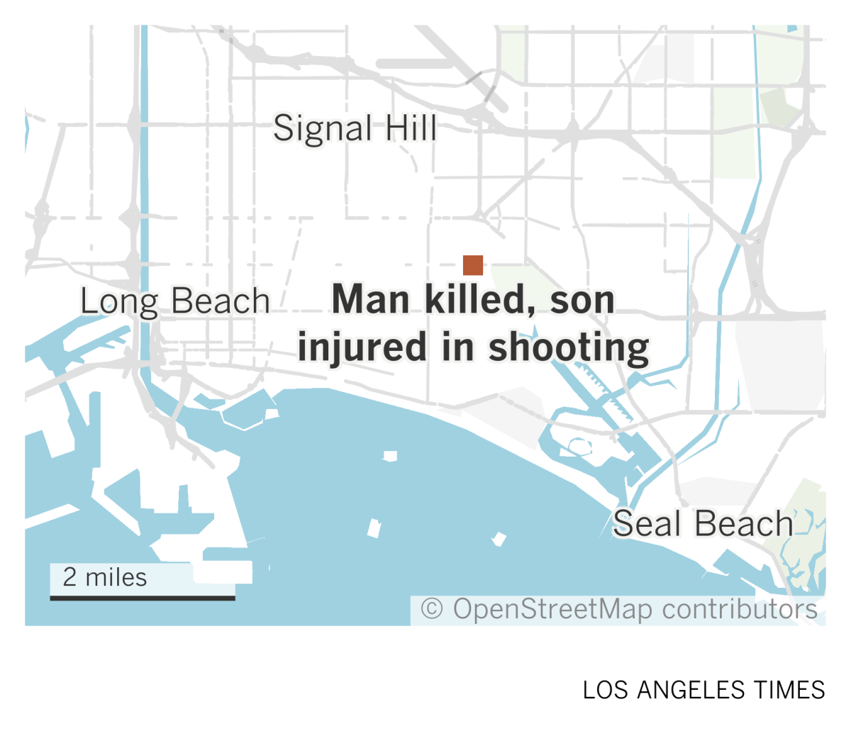 A map of Long Beach and surrounding areas shows where a man was found mortally wounded and his son injured after a shooting