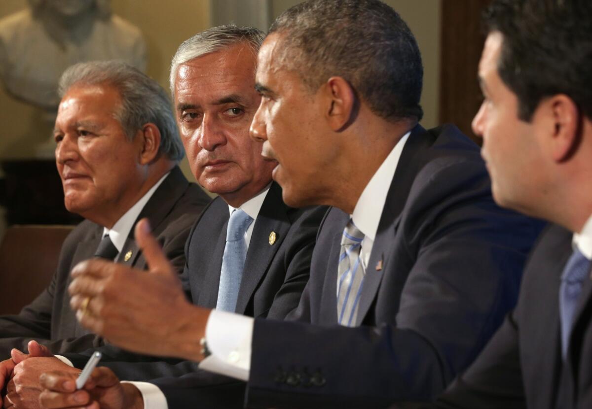 President Obama meets with, from left, President Salvador Sanchez Ceren of El Salvador, Perez Molina of Guatemala and President Juan Orlando Hernandez of Honduras in the Cabinet Room of the White House. The leaders met to discuss the current situation of migrant children traveling alone to the U.S.