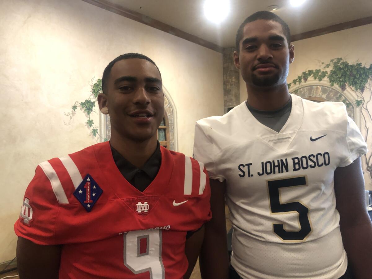 Quarterbacks Bryce Young (left, Mater Dei) and DJ Uiagalelei (St. John Bosco) both will be featured in early season TV games.