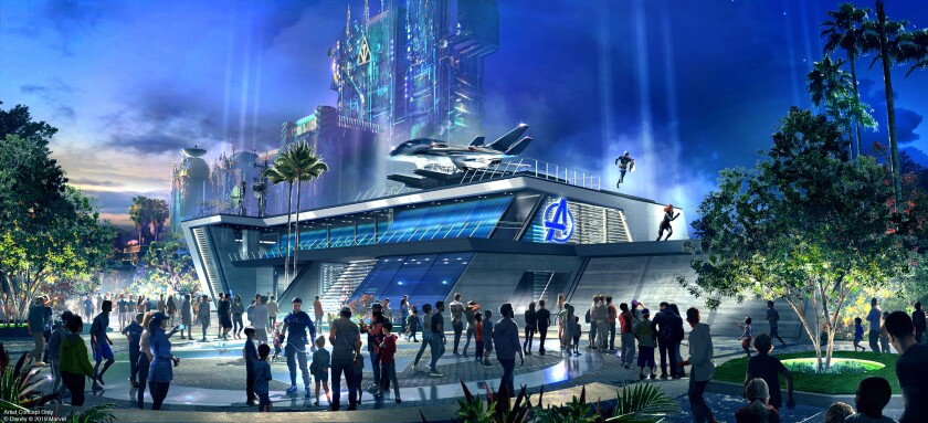Early concept art for what will someday be an "Avengers"-focused attraction at Disney California Adventure. A Spider-Man ride will open in 2020.