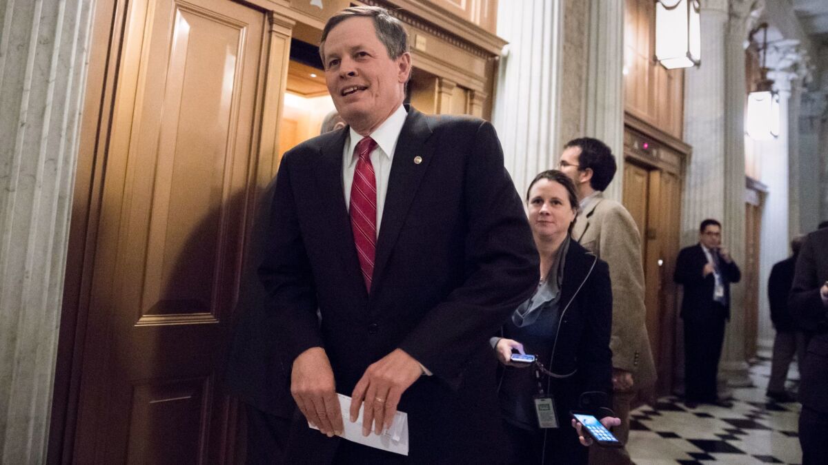 Sen. Steve Daines of the Senate Appropriations Committee, arrives at the Senate floor for votes on Capitol Hill.