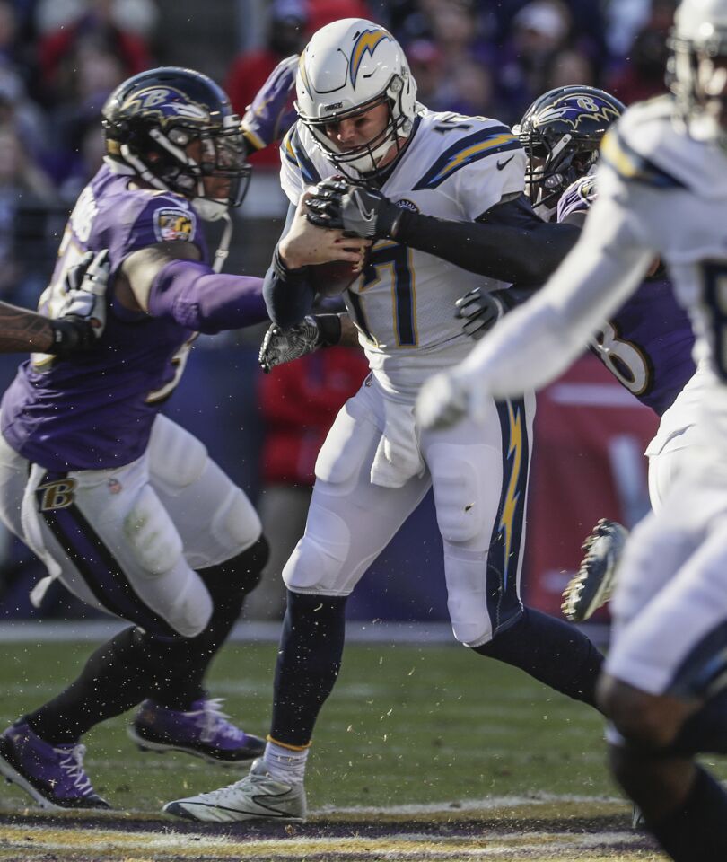 Chargers quarterback Philip Rivers is sacked by Ravens linebacker Patrick Onwuasor during the first half.