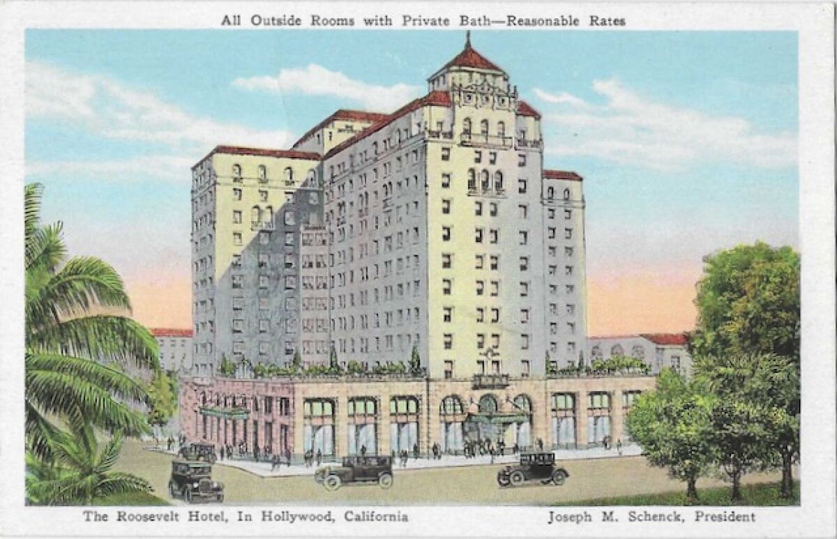 A vintage postcard showing the Hollywood Roosevelt Hotel