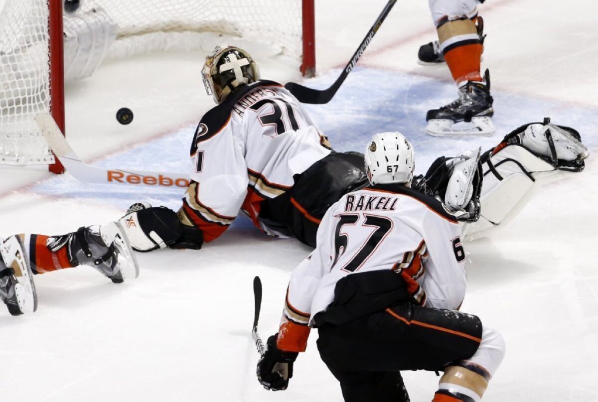 Ducks goalie Frederik Andersen watches as Chicago forward Antoine Vermette's shot goes into the net for the game-winning goal in double overtime of Game 4 of the Western Conference finals.