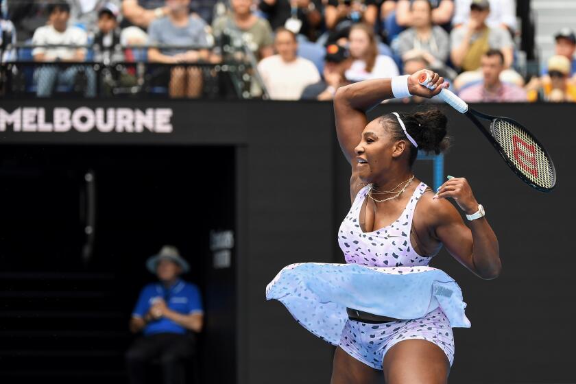 Serena Williams of the US hits a return against Russia's Anastasia Potapova during their women's singles match on day one of the Australian Open tennis tournament in Melbourne on January 20, 2020. (Photo by William WEST / AFP) / IMAGE RESTRICTED TO EDITORIAL USE - STRICTLY NO COMMERCIAL USE (Photo by WILLIAM WEST/AFP via Getty Images)
