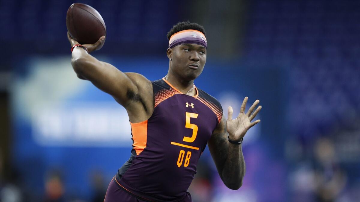 Dwayne Haskins takes part in passing drills at the NFL scouting combine on Saturday.